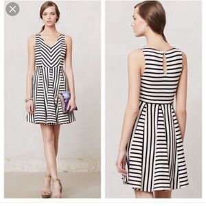 Anthropologie Saturday Sunday Striped Fit Flare Dress Black White V-Neck XS